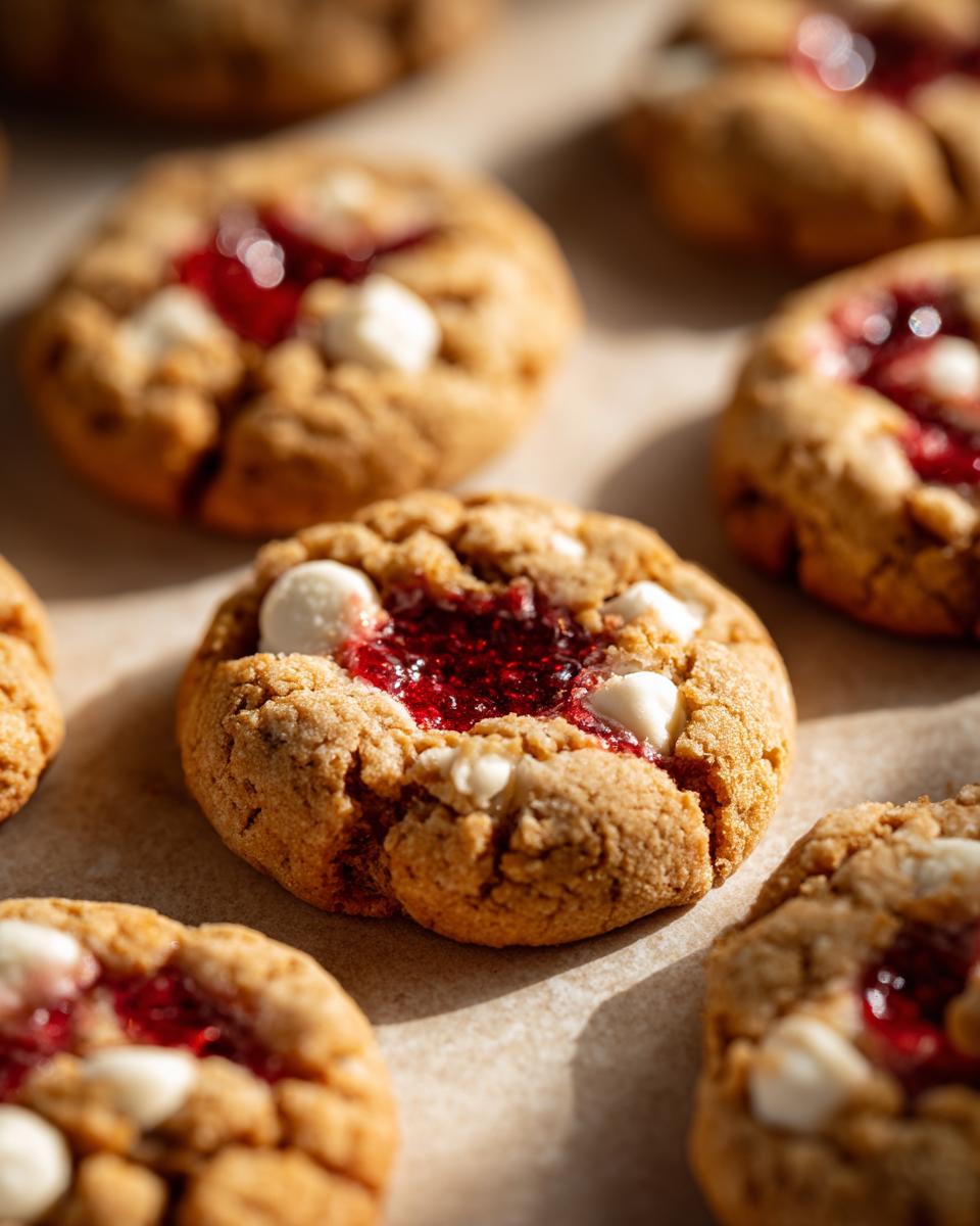 Close-up of baked White Chocolate Raspberry Thumbprint Cookies on parchment paper, showing raspberry filling and white chocolate.