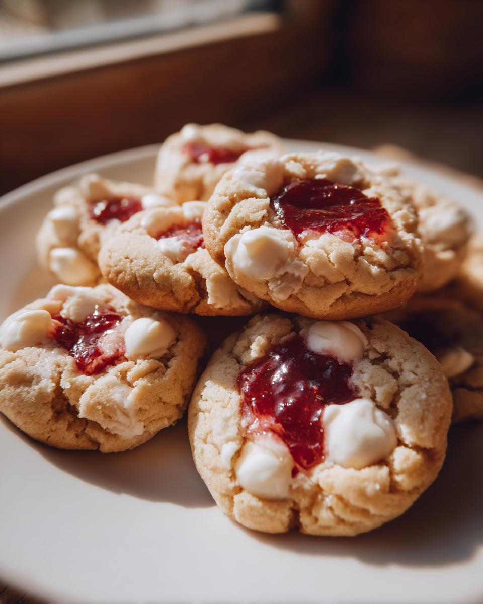 Pile of delicious White Chocolate Raspberry Thumbprint Cookies on a white plate.