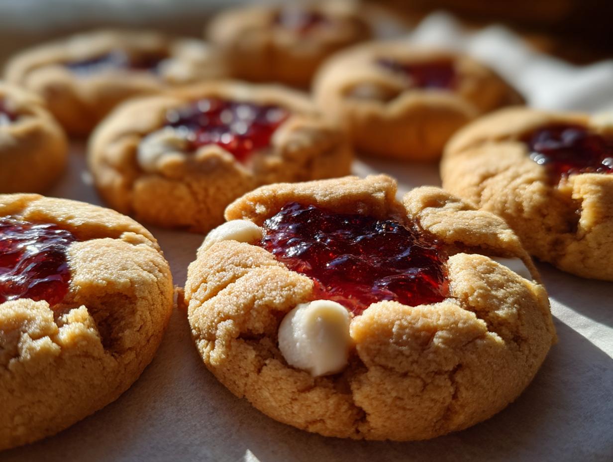 Close-up of White Chocolate Raspberry Thumbprint Cookies with jam and white chocolate chips.