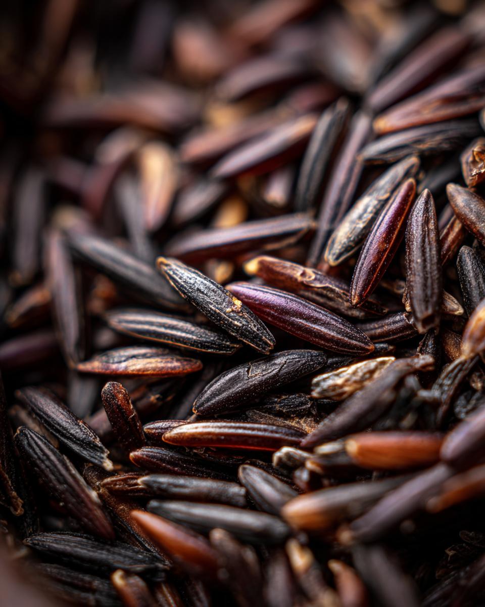 Close-up macro shot of uncooked wild rice grains, the key ingredient for delicious Wild Rice Pilaf.