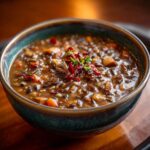 Close-up of a bowl of creamy Wild Rice & Mushroom Soup, garnished with herbs and spices.