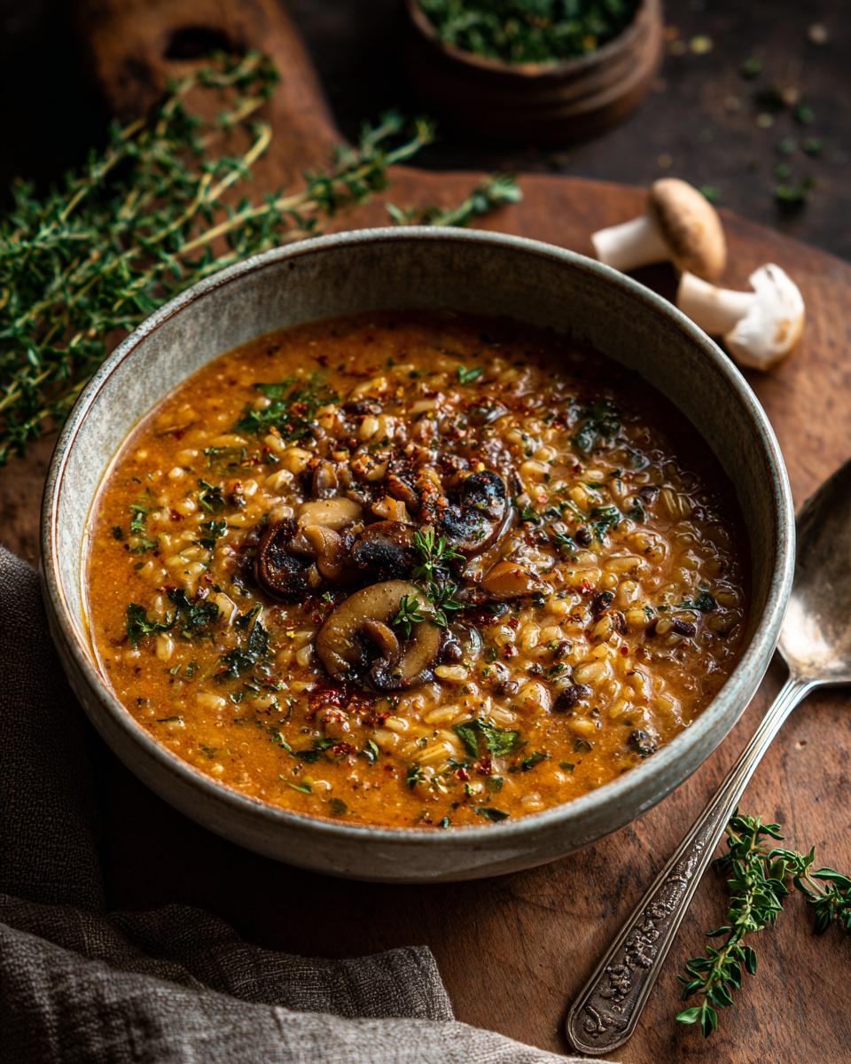 Close-up of a bowl of creamy Wild Rice & Mushroom Soup, garnished with fresh herbs.