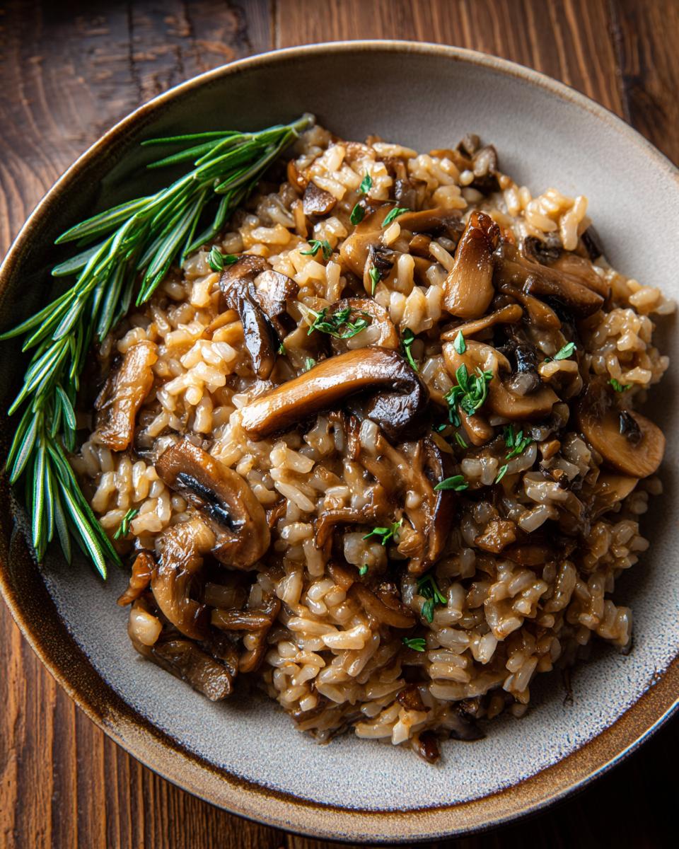 Close-up of a bowl of creamy Wild Rice & Mushroom Soup garnished with herbs.
