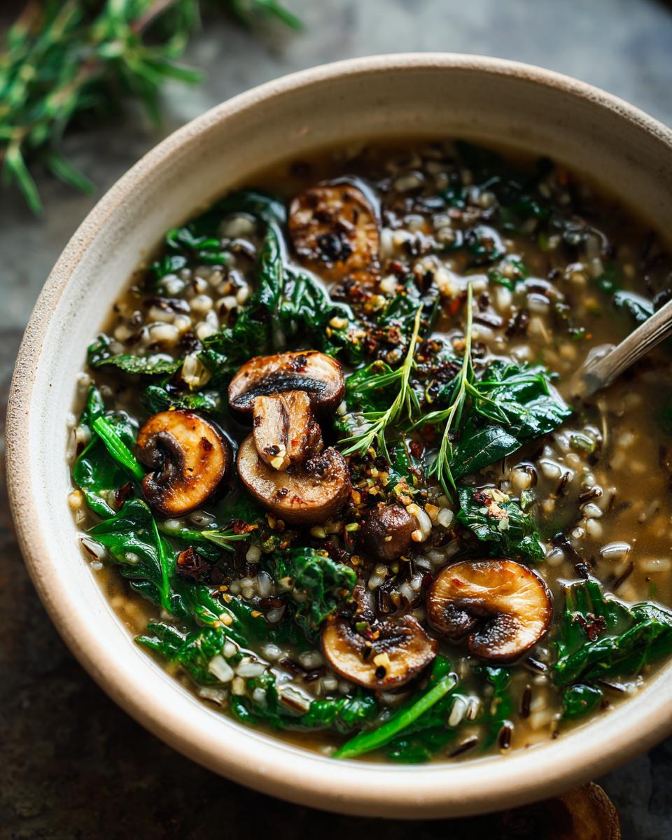 Close-up of a bowl of creamy Wild Rice & Mushroom Soup with mushrooms and spinach.