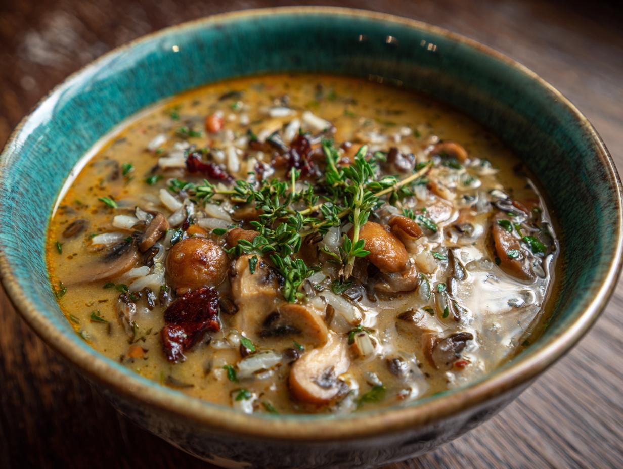 Close-up of a bowl of creamy Wild Rice & Mushroom Soup, garnished with fresh herbs.