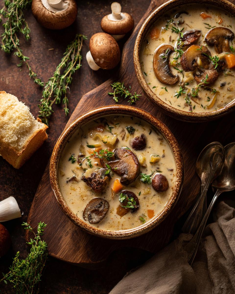 Two bowls of creamy Wild Rice & Mushroom Soup, garnished with fresh herbs and mushrooms.