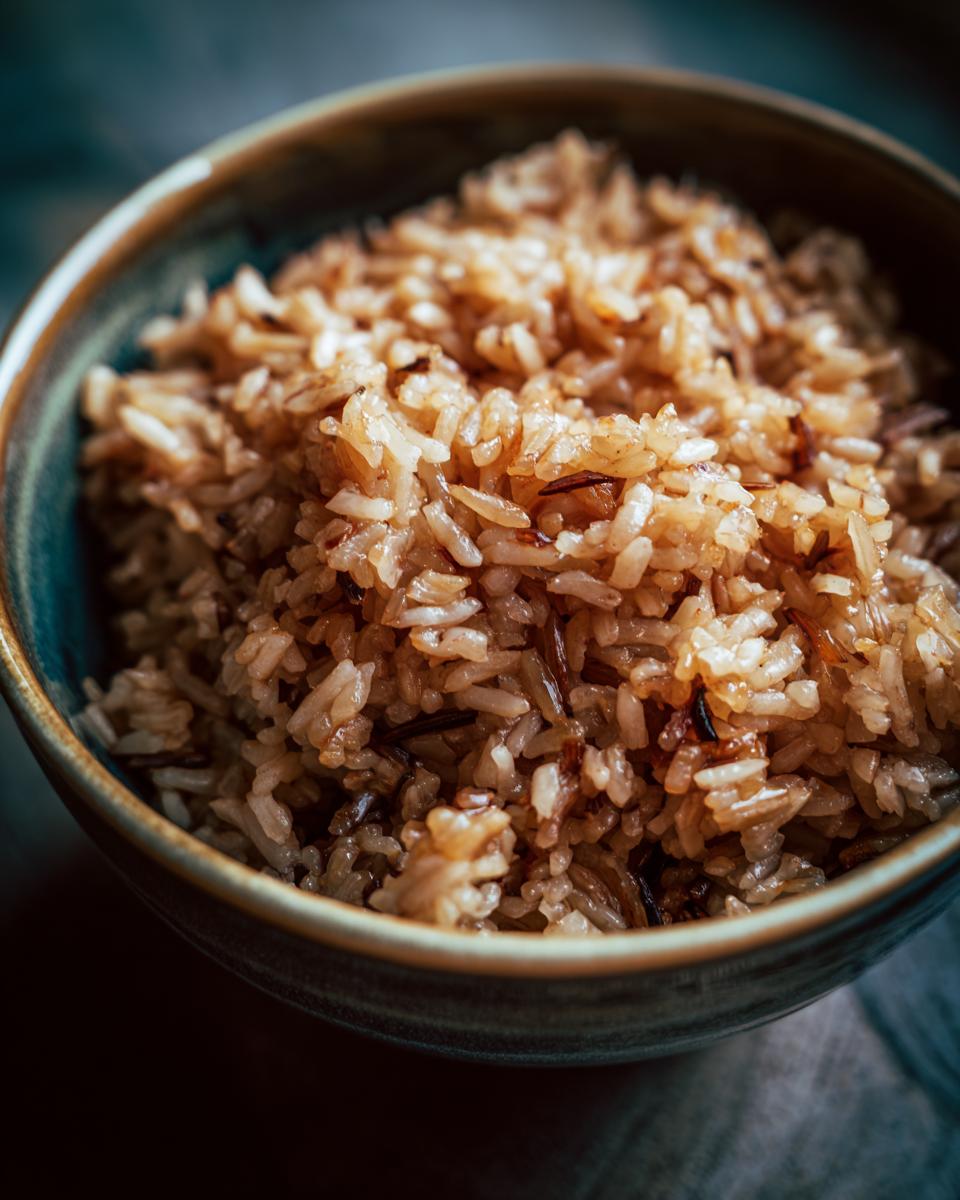 Close-up shot of a bowl filled with delicious Wild Rice Pilaf, a healthy and flavorful side dish.