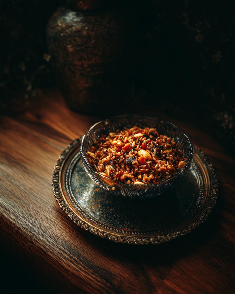 A beautiful bowl of Wild Rice Pilaf on a decorative plate, set on a wooden surface.
