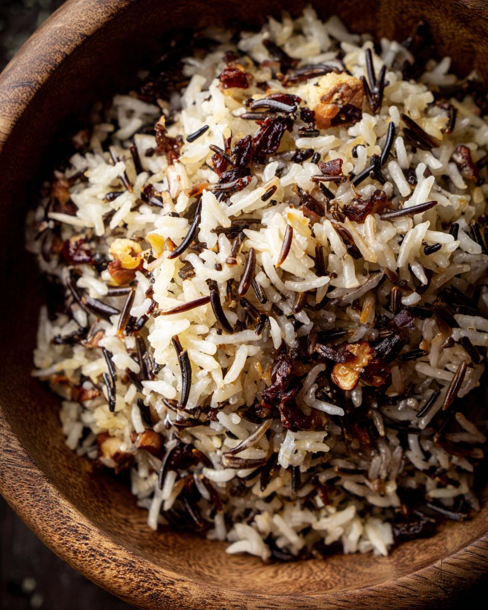 Close-up of Wild Rice Pilaf in a wooden bowl, showing the texture and ingredients of the dish.