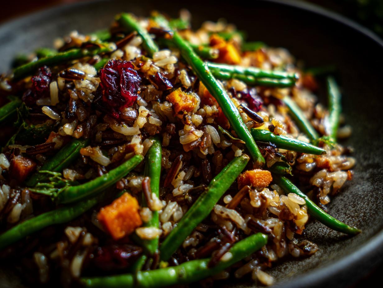 Close-up of a bowl of Wild Rice Pilaf with cranberries, green beans, and butternut squash.