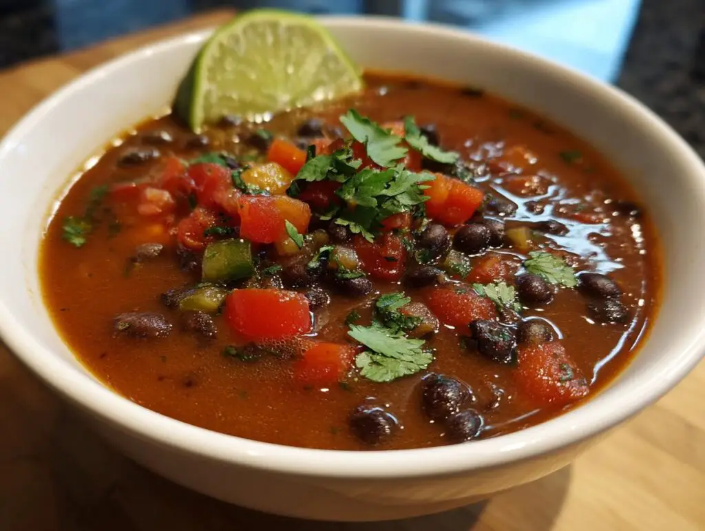 Close-up of a bowl of Zesty Black Bean Soup garnished with lime and cilantro.