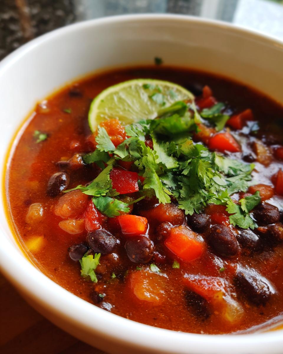Close-up of a bowl of Zesty Black Bean Soup garnished with lime and cilantro.