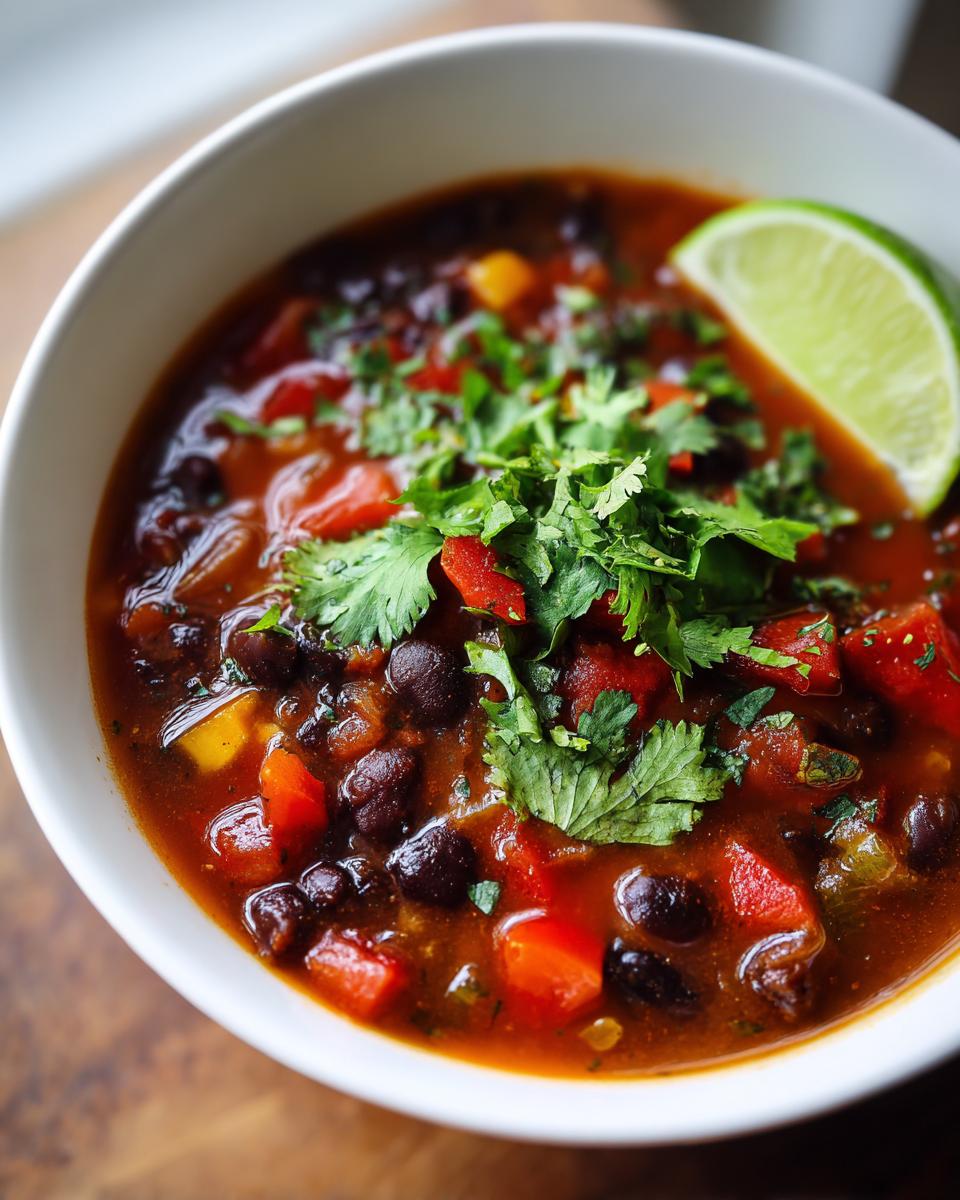 Close-up of a bowl of Zesty Black Bean Soup, garnished with cilantro and a lime wedge.