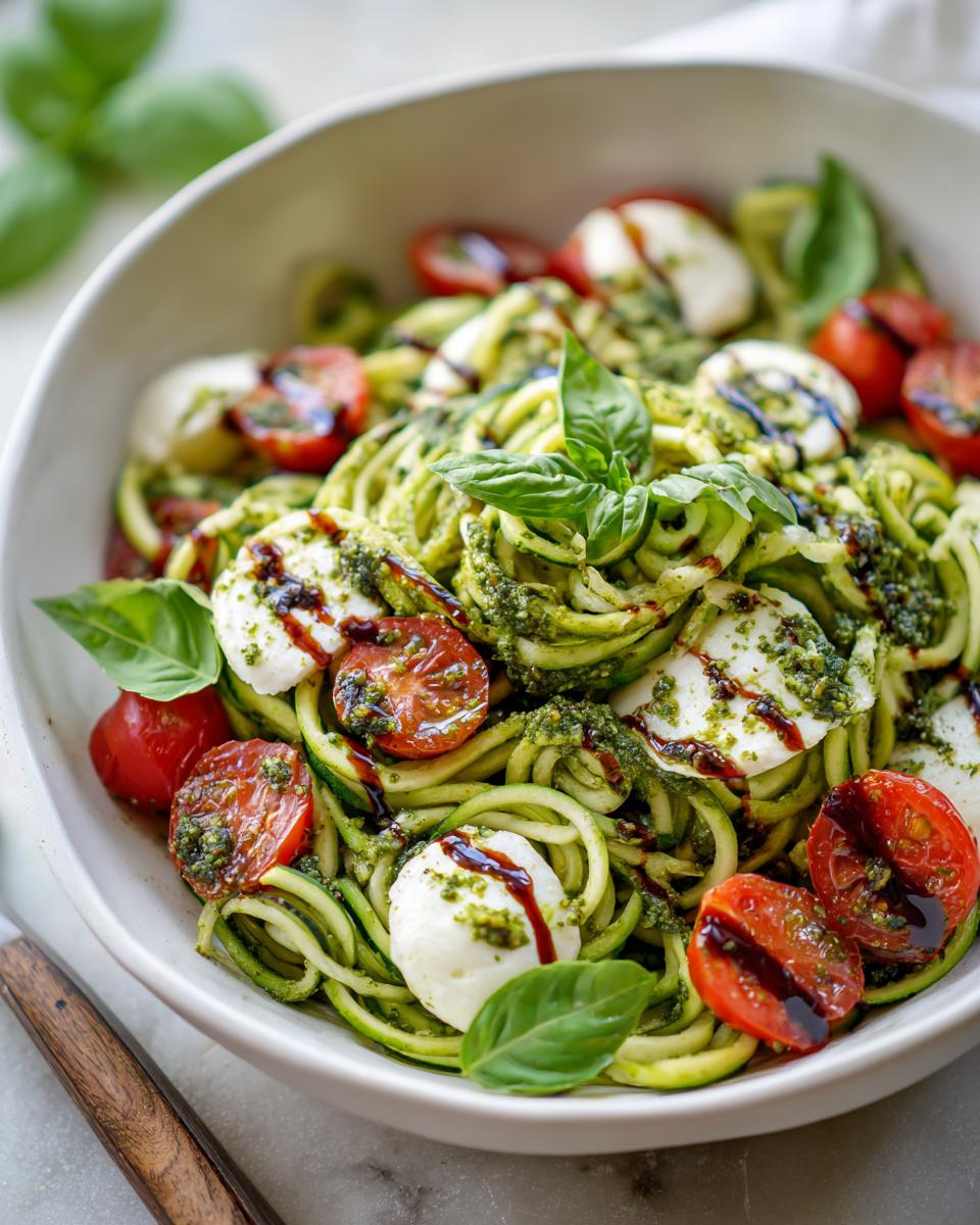 Close-up of a bowl of Zucchini Noodle Pesto Caprese with tomatoes, mozzarella, and basil.