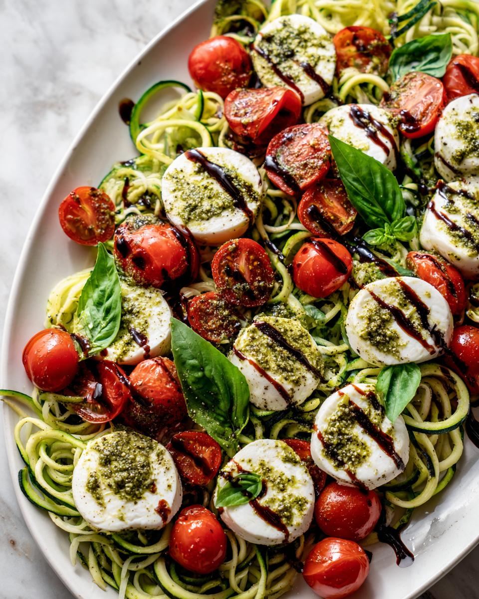 Overhead shot of a Zucchini Noodle Pesto Caprese salad with tomatoes, mozzarella, and balsamic glaze.