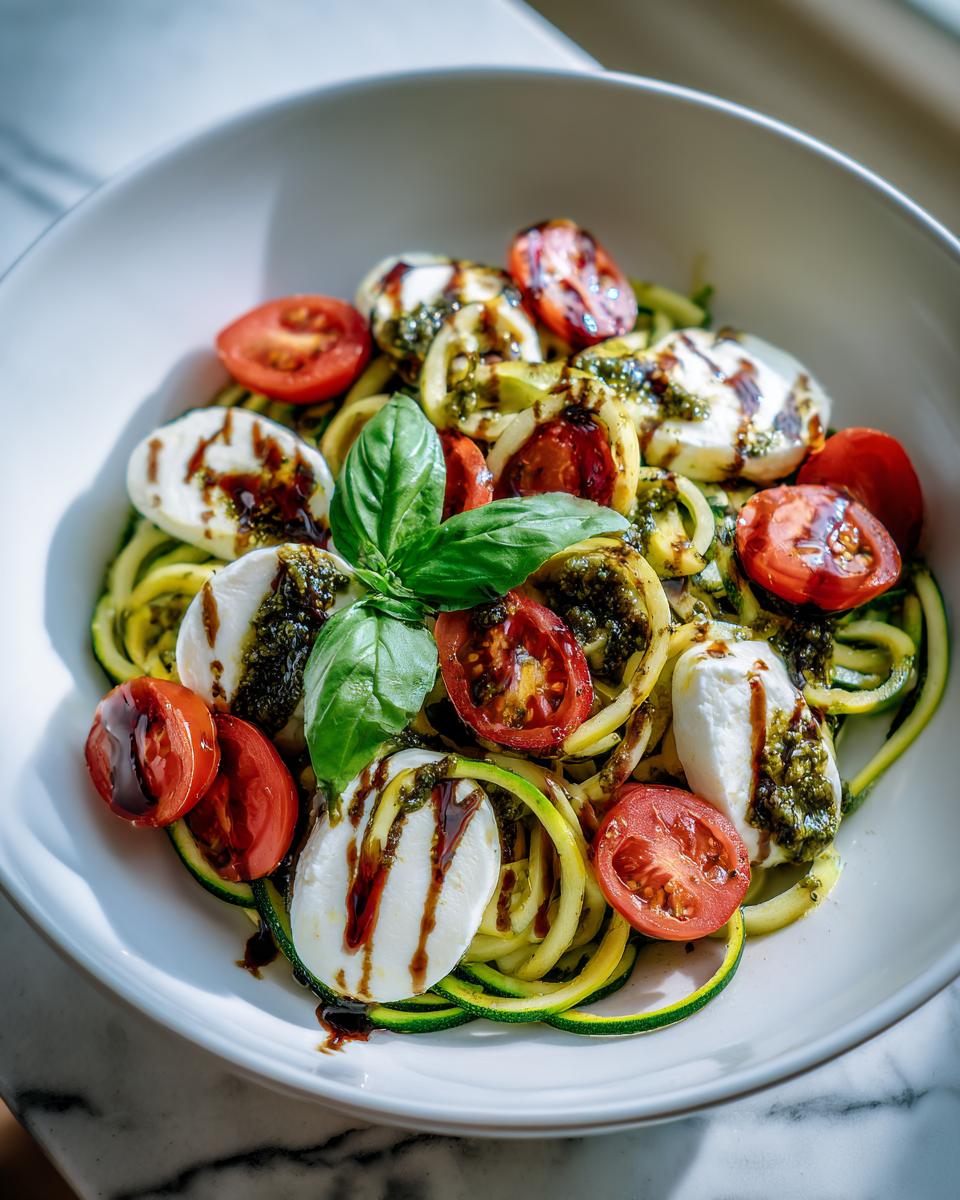 Close-up of a Zucchini Noodle Pesto Caprese salad with tomatoes, mozzarella, and basil.
