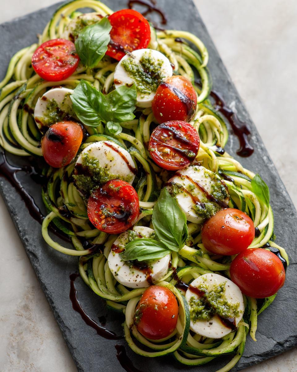 Close-up of Zucchini Noodle Pesto Caprese salad with tomatoes, mozzarella, and basil.