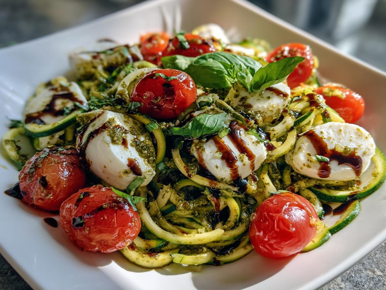 A vibrant Zucchini Noodle Pesto Caprese salad with tomatoes, mozzarella, and basil.