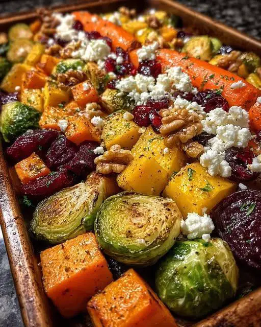 Roasted Veggie Sheet Pan with Feta, Walnuts & Cranberries