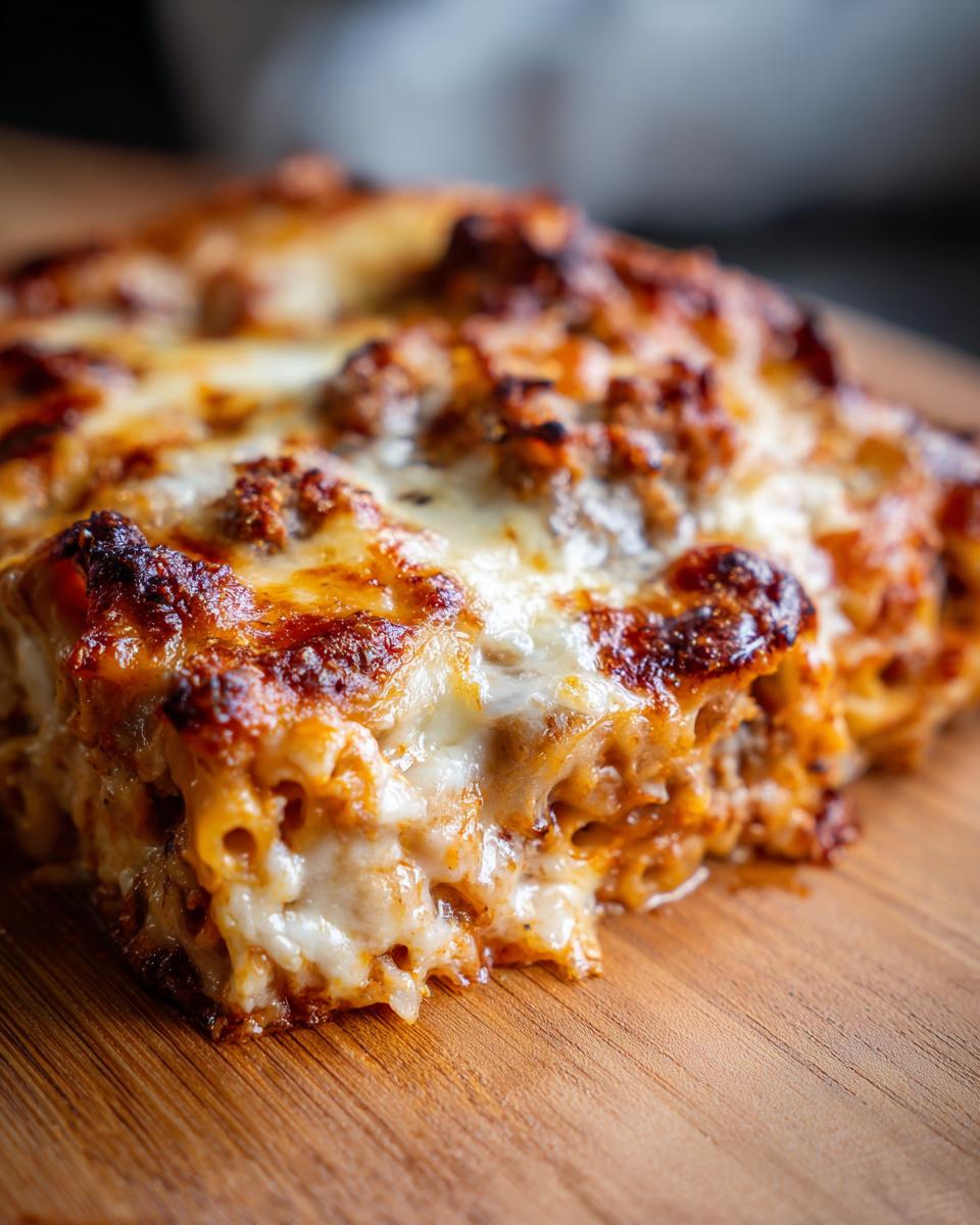 Unbelievably Easy Baked Ziti with Sausage! 1 baked ziti sausage slice close up 1 1