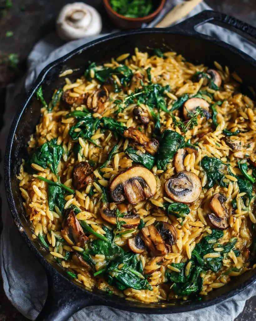 creamy spinach mushroom orzo one pot skillet 1