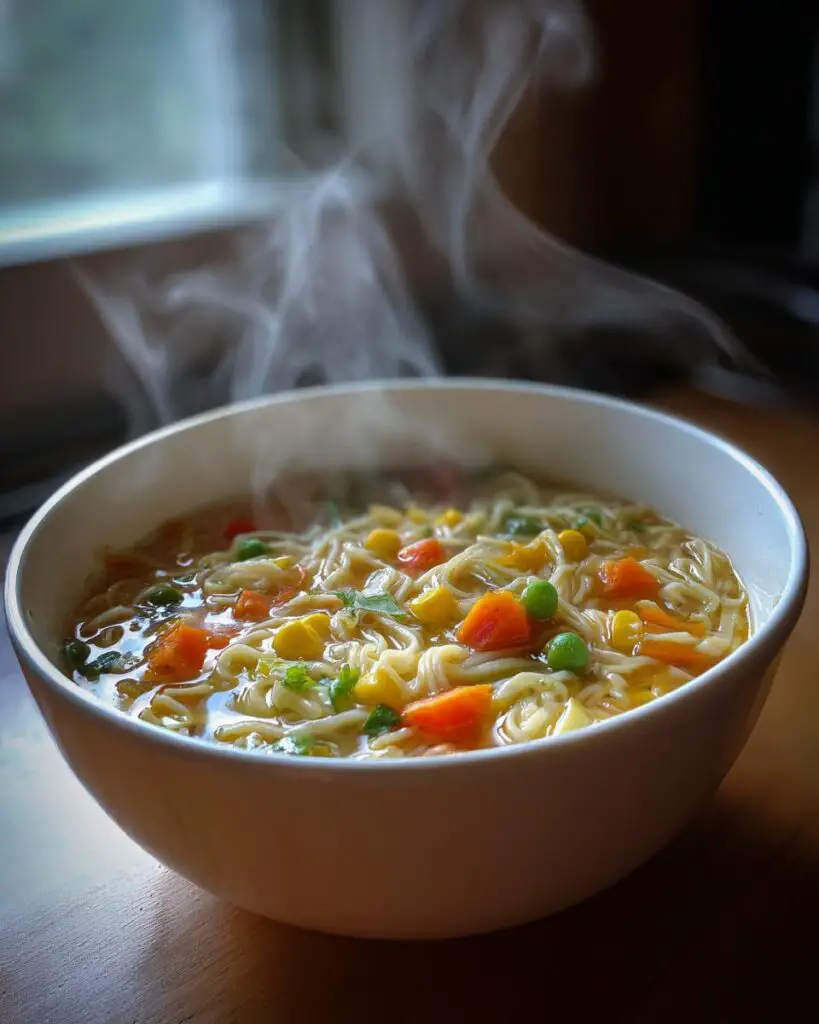 easy vegetable noodle soup steaming bowl