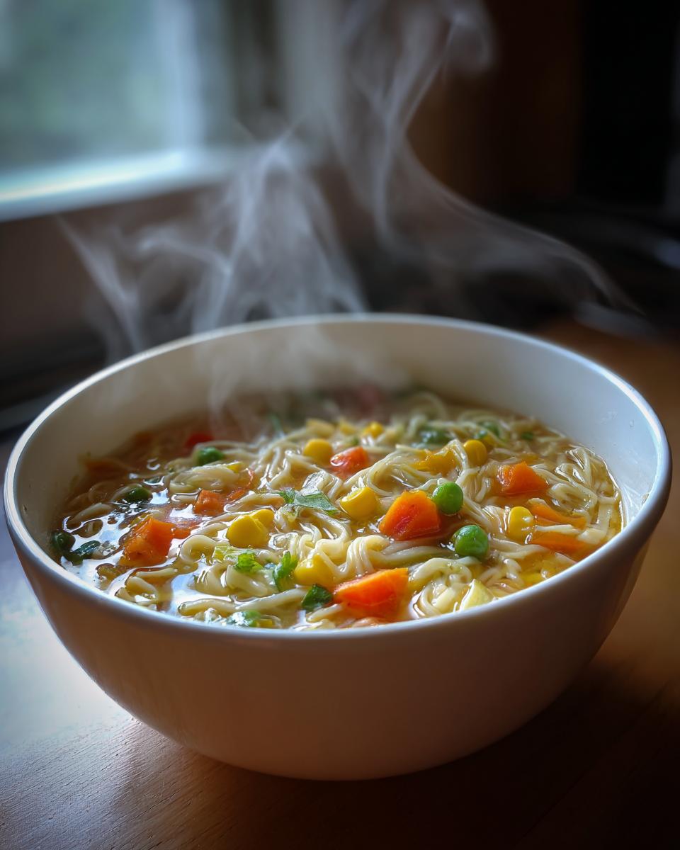 easy vegetable noodle soup steaming bowl