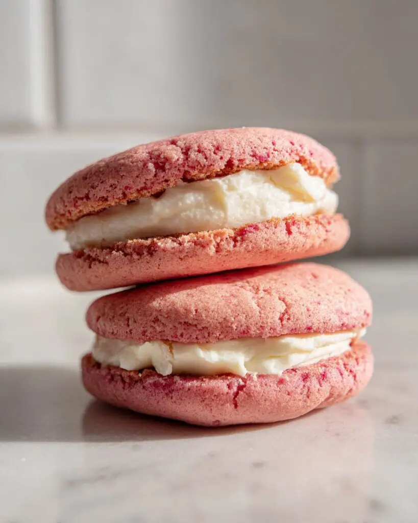pink velvet cookies stacked