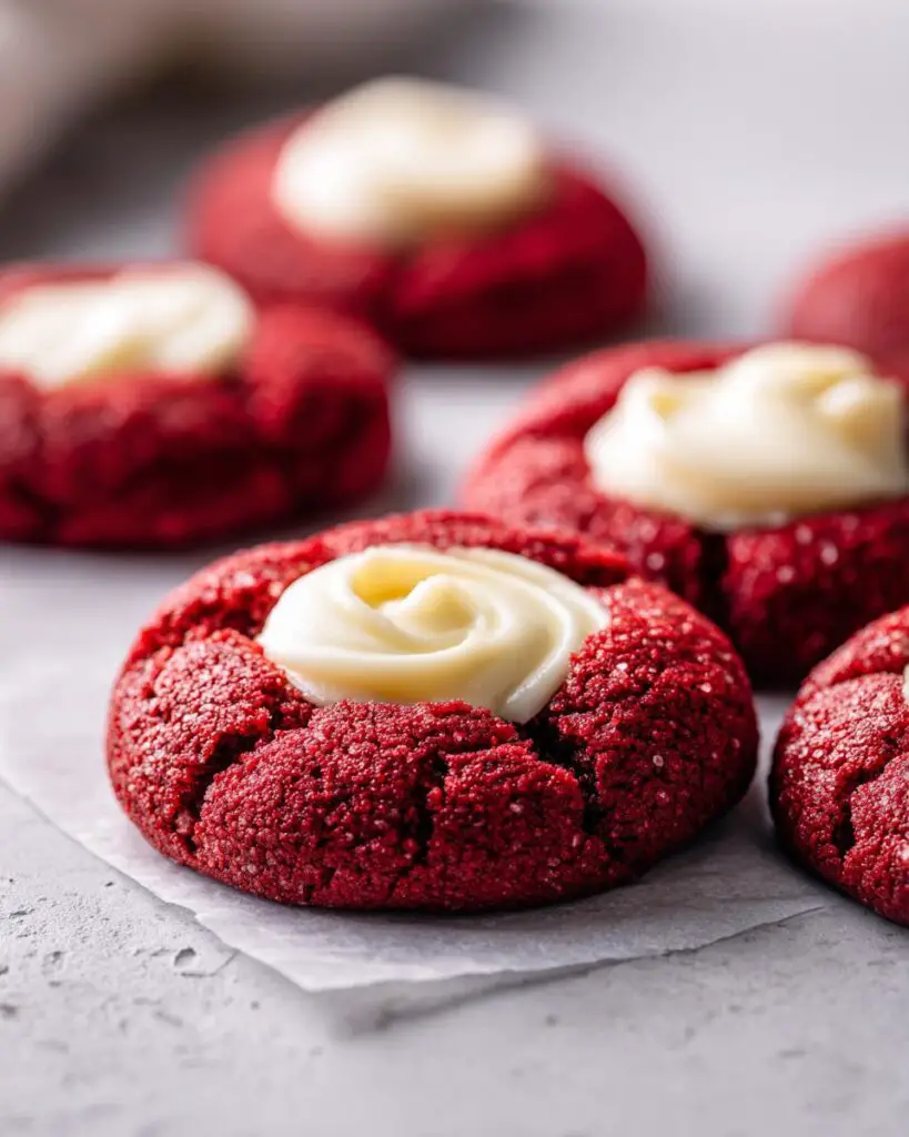 red velvet cream cheese thumbprint cookies close up