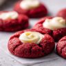 red velvet cream cheese thumbprint cookies close up