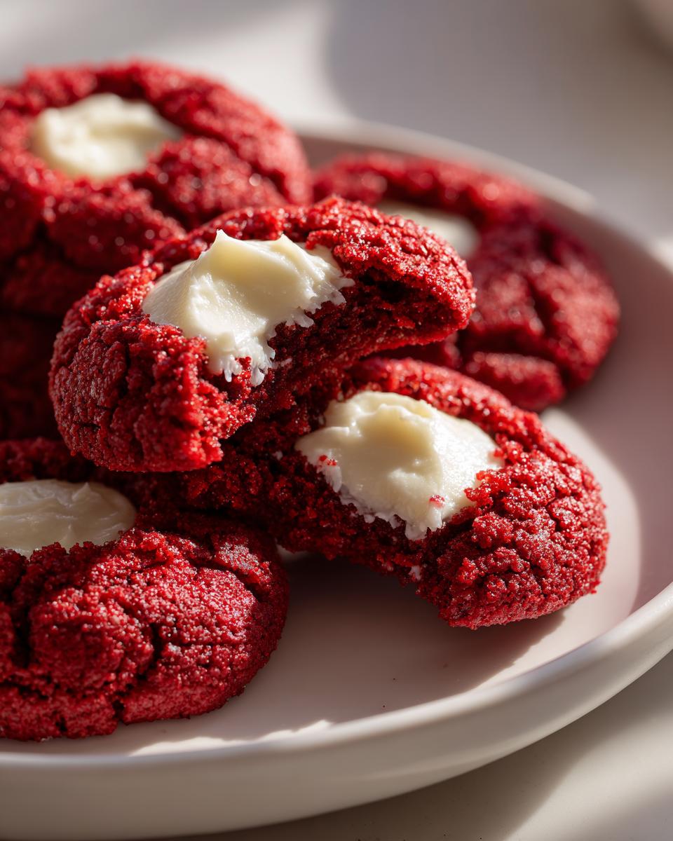 red velvet thumbprint cookies close up
