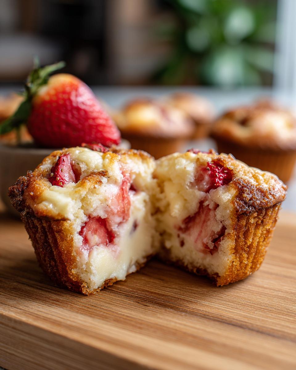 Delicious: 10/10 Strawberry Cheesecake Muffins Recipe! 1 strawberry cheesecake muffin cut open
