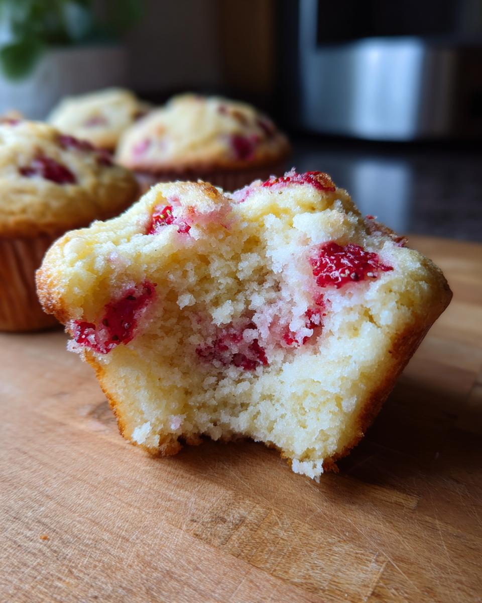 3 Easy Steps for Delicious Strawberry Muffins! 1 strawberry muffin bite taken 2