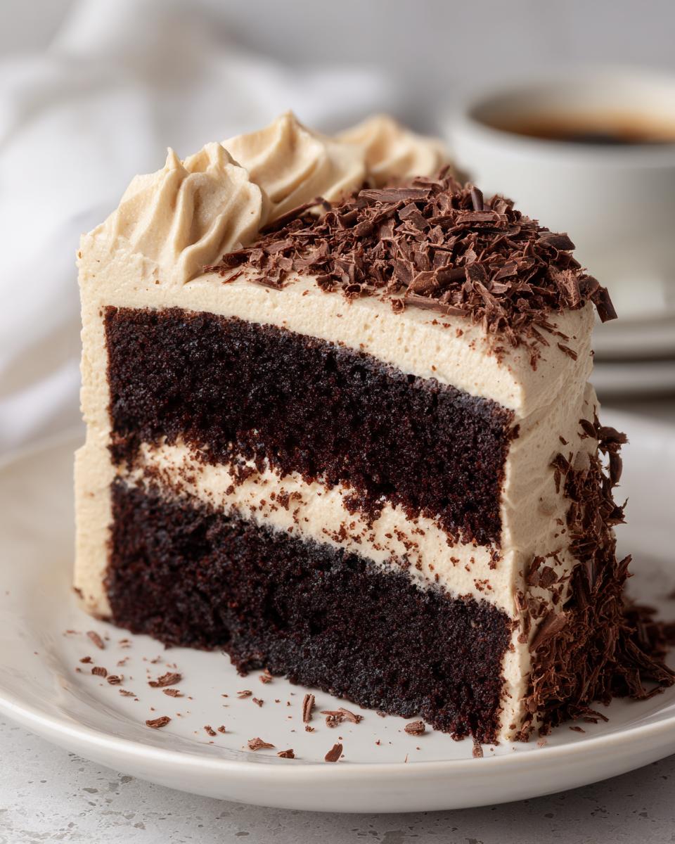 A slice of Baileys Buttercream Frosted Cake on a white plate, topped with chocolate shavings.