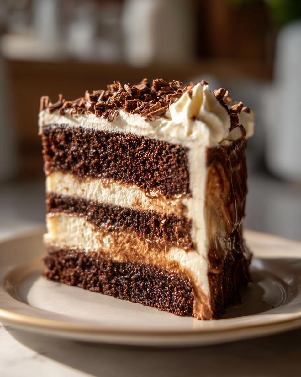 Close-up of a slice of Baileys Buttercream Frosted Cake on a plate, showing layers and frosting.