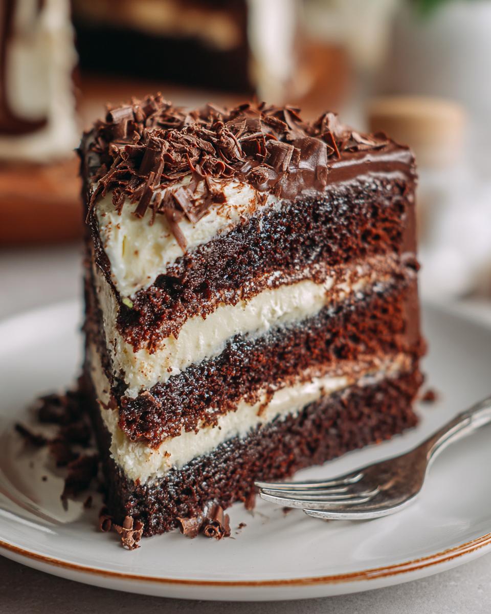 Close-up of a slice of Baileys Buttercream Frosted Cake on a plate, showing layers and chocolate shavings.
