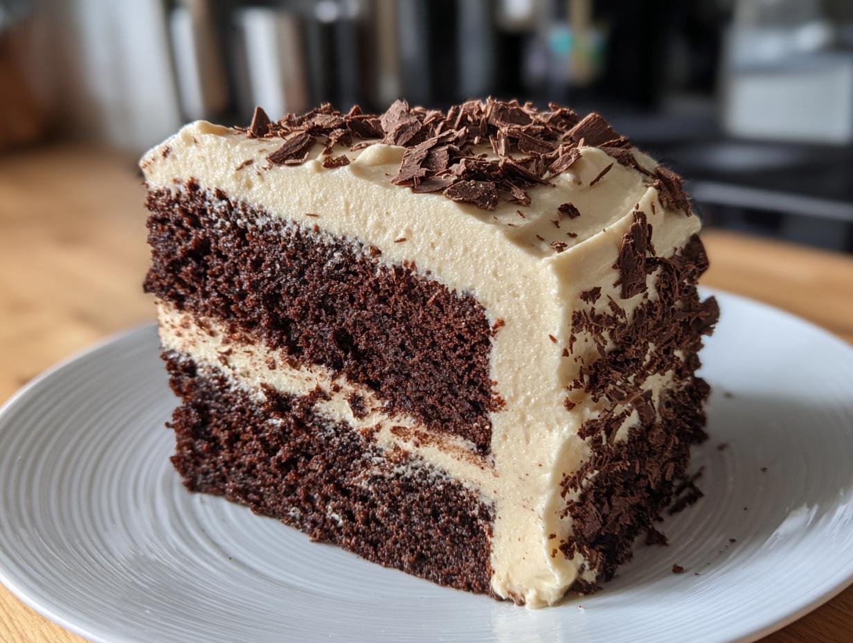 Close-up of a slice of Baileys Buttercream Frosted Cake on a white plate, topped with chocolate shavings.
