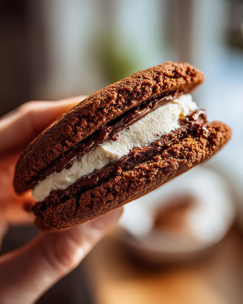 Close-up of a Baileys Irish Cream Sandwich Cookie held in a hand, showing the filling and cookie texture.