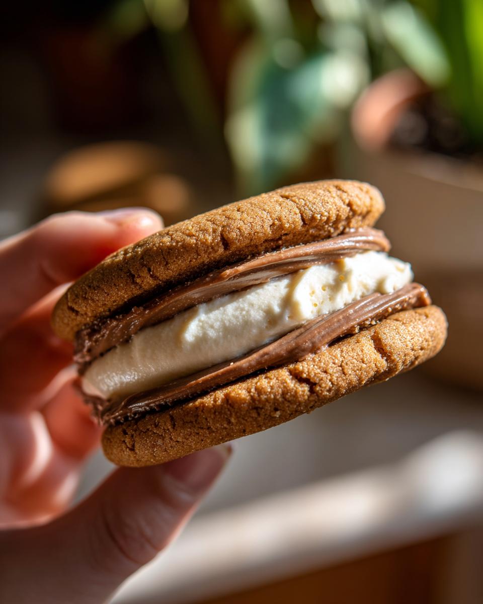 Close-up of a Baileys Irish Cream Sandwich Cookie, held in hand, showing cream filling.