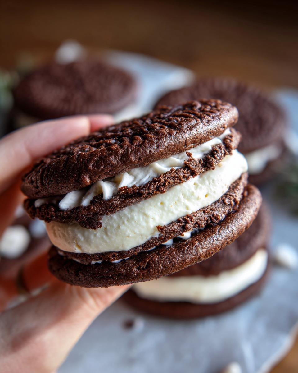 Close-up view of a Baileys Irish Cream Sandwich Cookie held in hand, showing creamy filling.