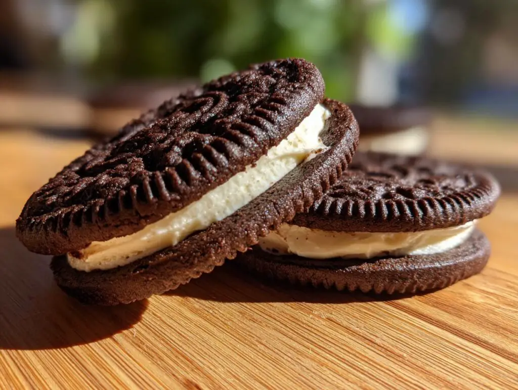 Close-up of two Baileys Irish Cream Sandwich Cookies with cream filling on a wooden surface.