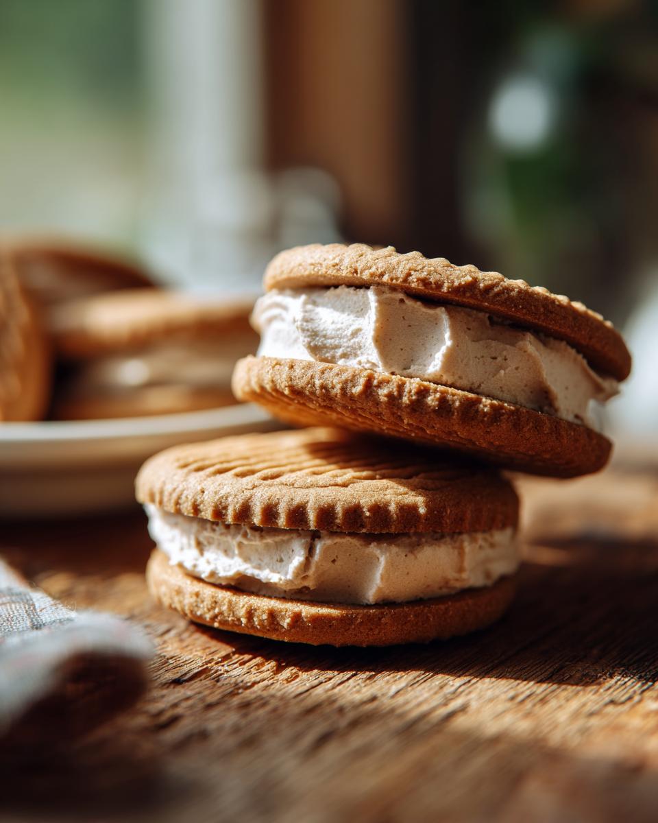 Close-up of two stacked Baileys Irish Cream Sandwich Cookies with creamy filling on a wooden surface.