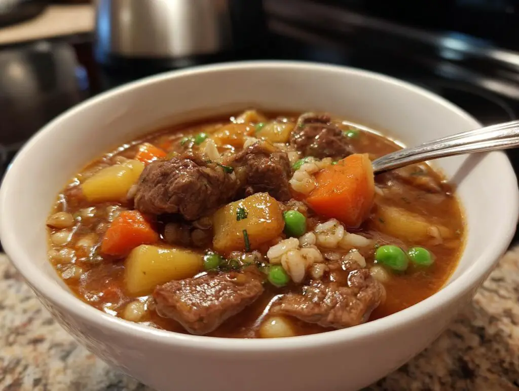 Close-up of a bowl of Beef Barley Guinness Soup with beef, barley, and vegetables.