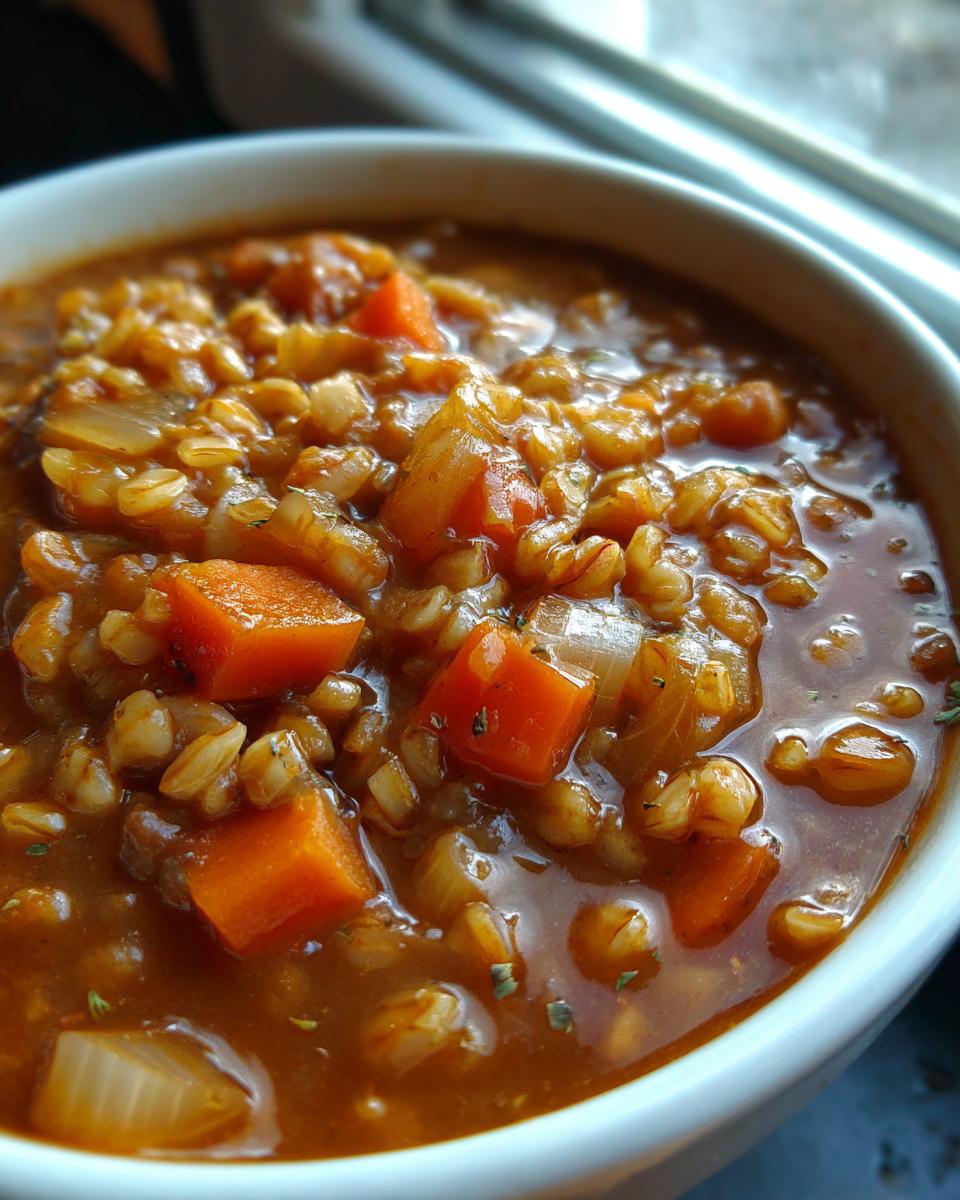 Close-up of a bowl of Beef Barley Guinness Soup with carrots, barley, and broth.