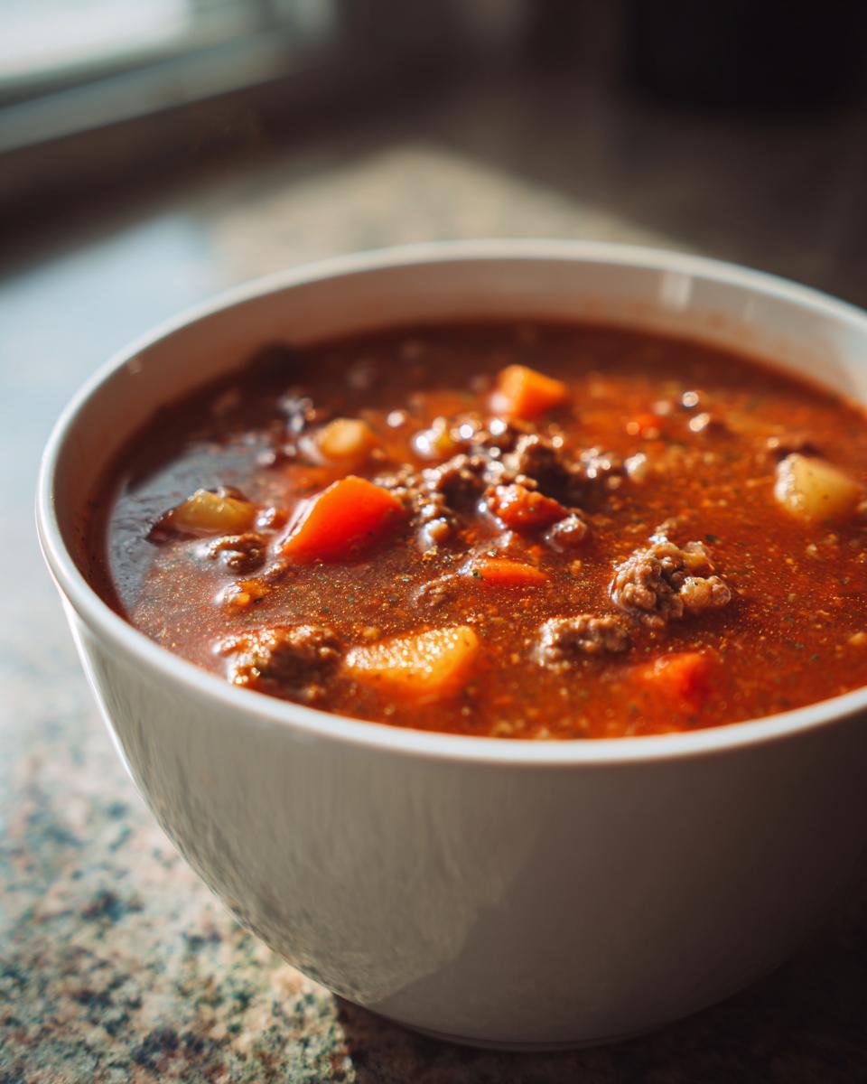 Close-up of a white bowl filled with Beef Barley Guinness Soup, showing vegetables and beef.