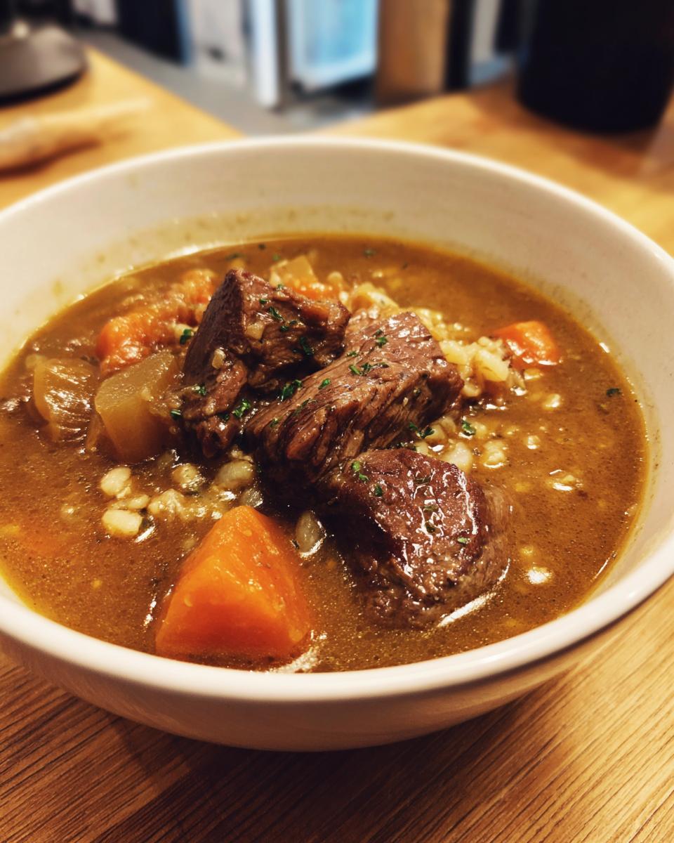 Close-up of a bowl of Beef Barley Guinness Soup with beef chunks, barley, and vegetables.