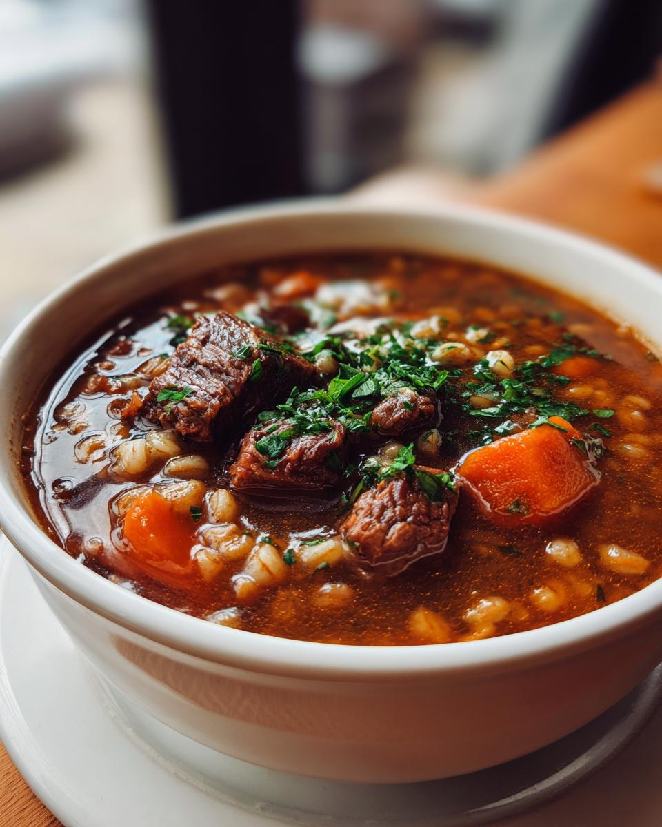Close-up of a bowl of Beef Barley Guinness Soup, with beef chunks, barley, and carrots.