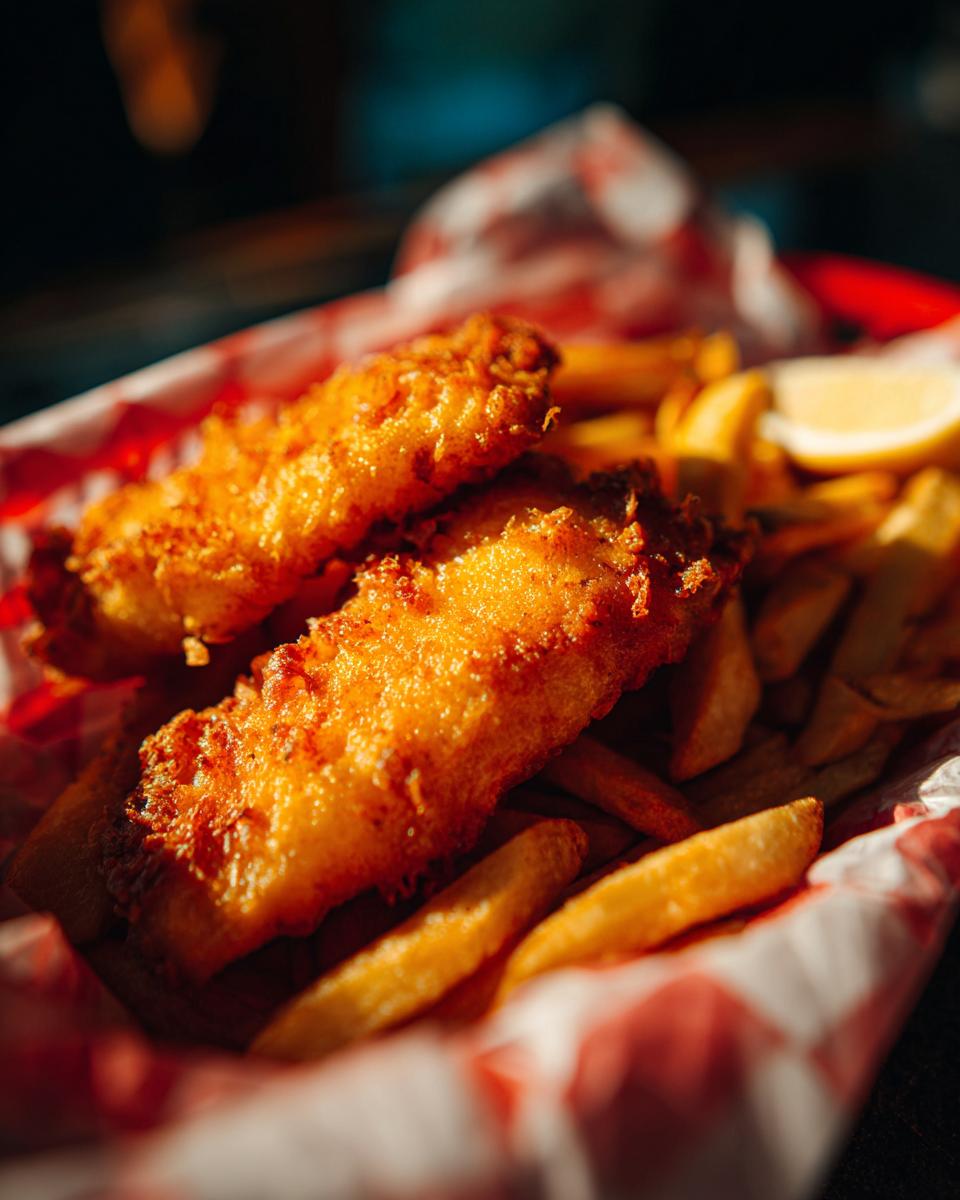 Close-up of golden Beer-Battered Fish and Chips served in a basket with a lemon wedge.