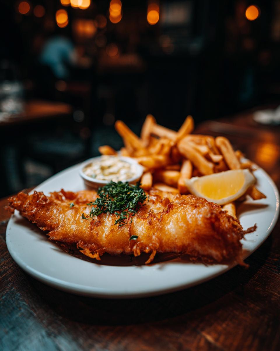 Plate of crispy beer-battered fish and chips with tartar sauce and lemon wedge.