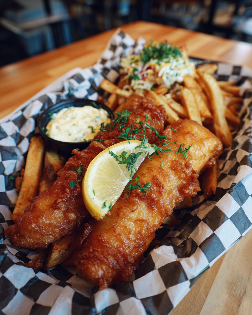 A basket of golden Beer-Battered Fish and Chips with tartar sauce and lemon wedge.